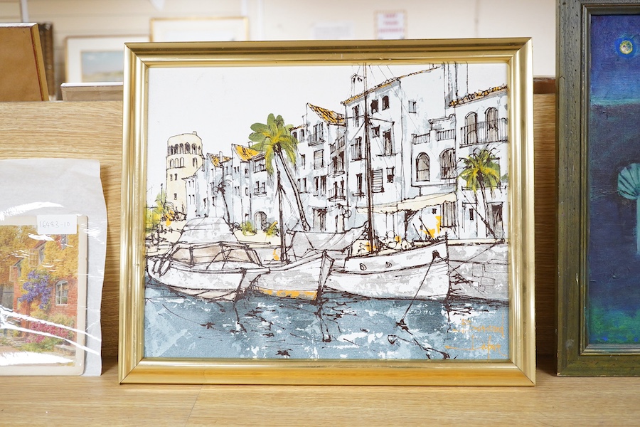 Bernard Dufour, impressionist mixed media on canvas board, Continental harbour view with boats, signed, 35 x 45cm. Condition - good